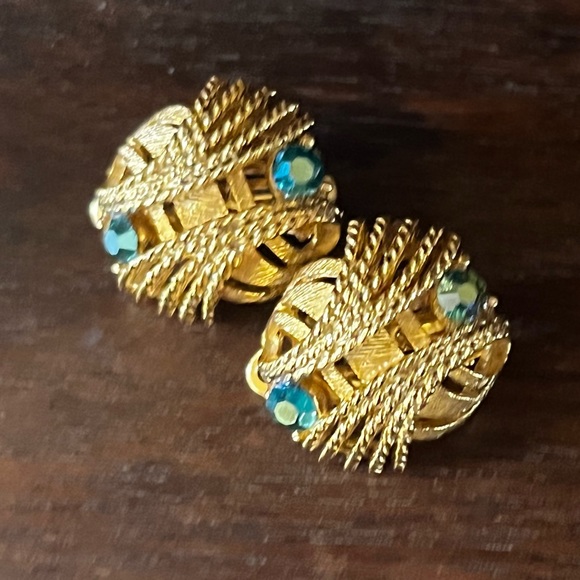 Vintage Lisner Brooch & Earring Set Blue Green AB Iridescent Rhinestones - Picture 4 of 7